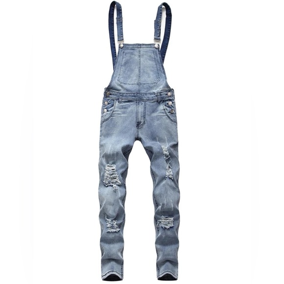 Manfinity Homme Men Cotton Distressed Skinny Leg Denim Overalls - Picture 3 of 8
